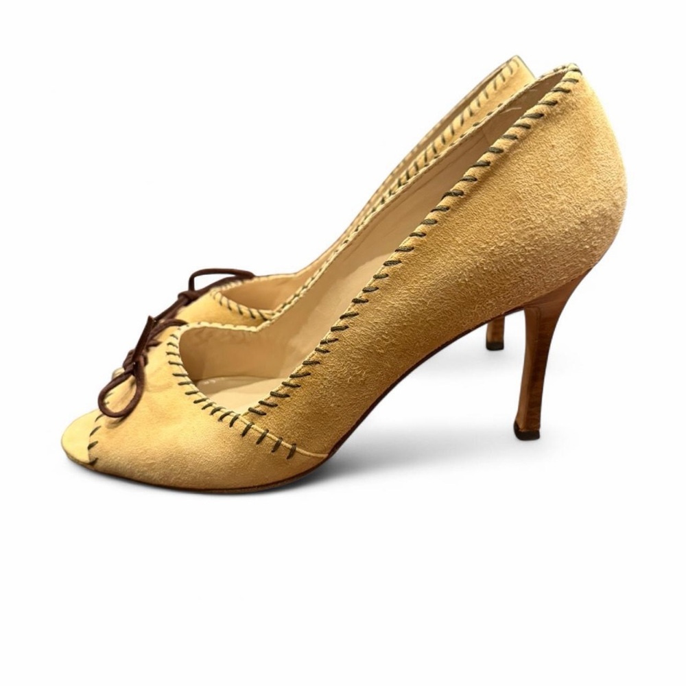 Vintage Manolo Blahnik Suede Peep Toe High Heels Camel 38.5 - Picture 4 of 12